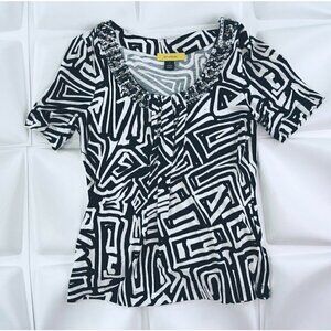 St John Sz S Embellished Rhinestone Studded Pleated Geo Print Tee Blouse Women
